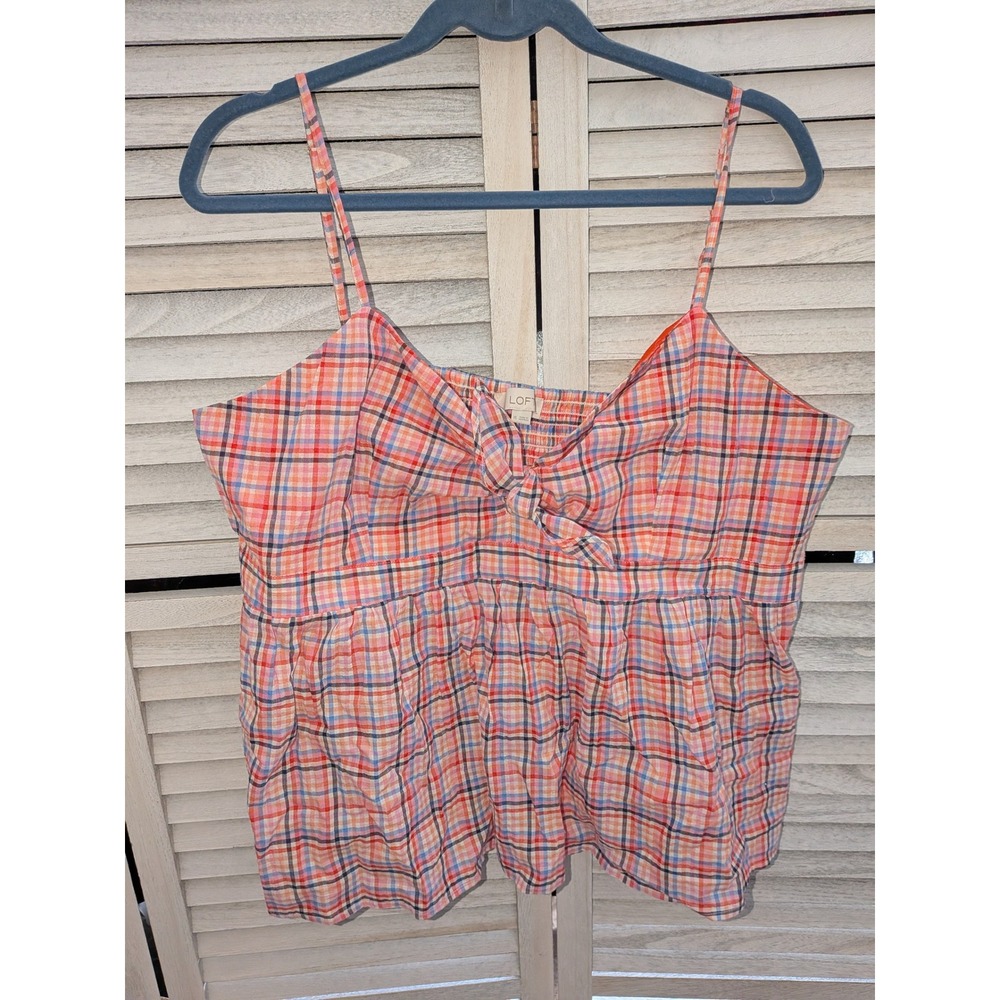 Loft Womens XL Orange Blue Plaid Tie Front Smocked Back Cami Tank Top